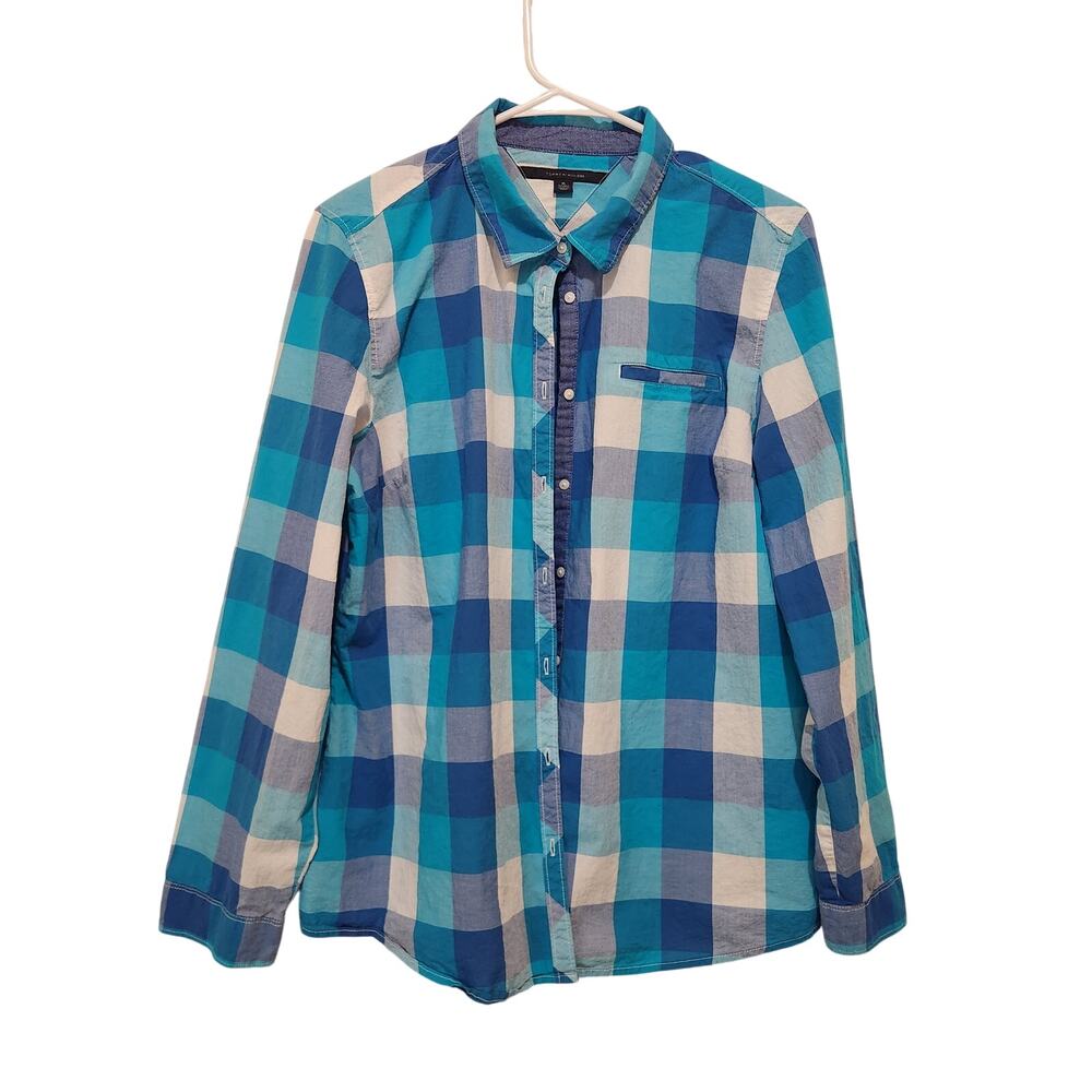 Tommy Hilfiger Blue Classic Casual Plaid Long Sleeve Button Up Shirt Size XL